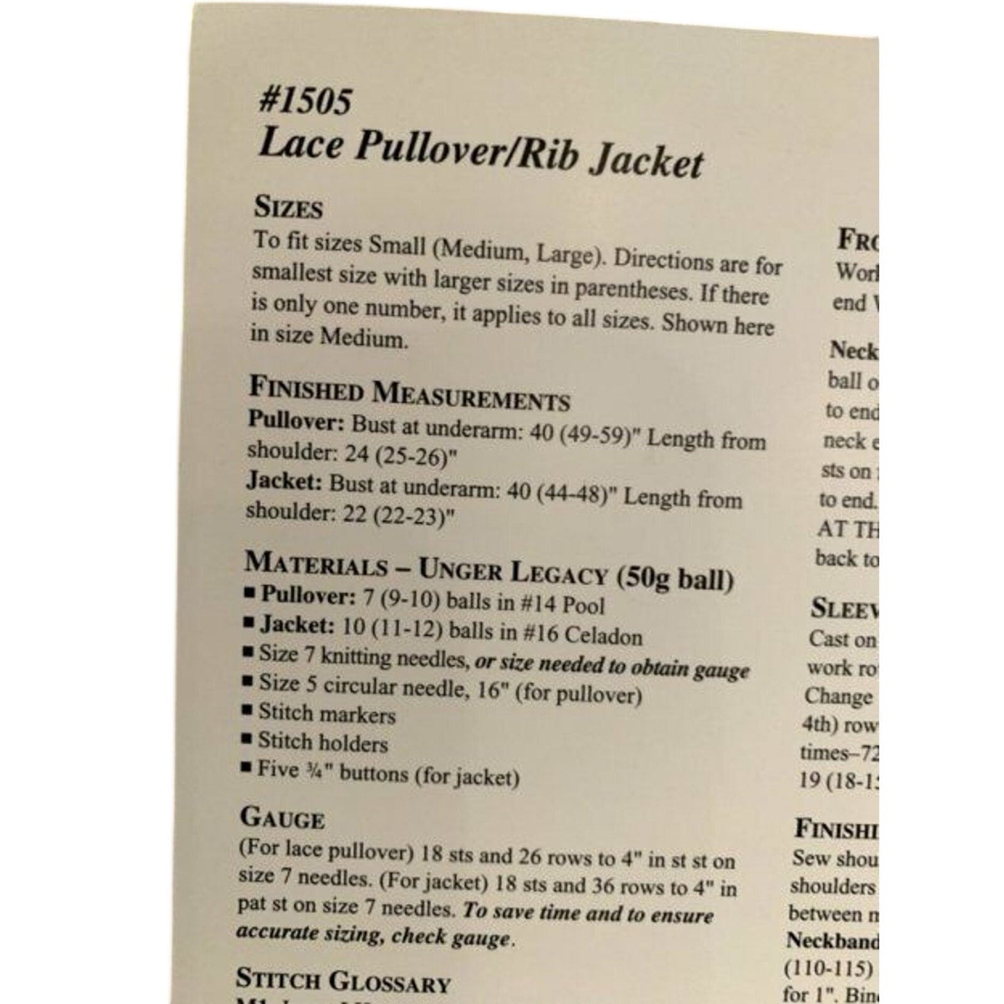 New Unger 1505 Legacy Feather Soft Lace Pullover Jacket Sweater Knitting Pattern