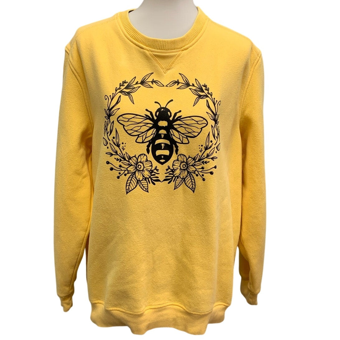 Hand Printed Upcycled Womens Large Bumble Bee Flowers Floral Sweatshirt