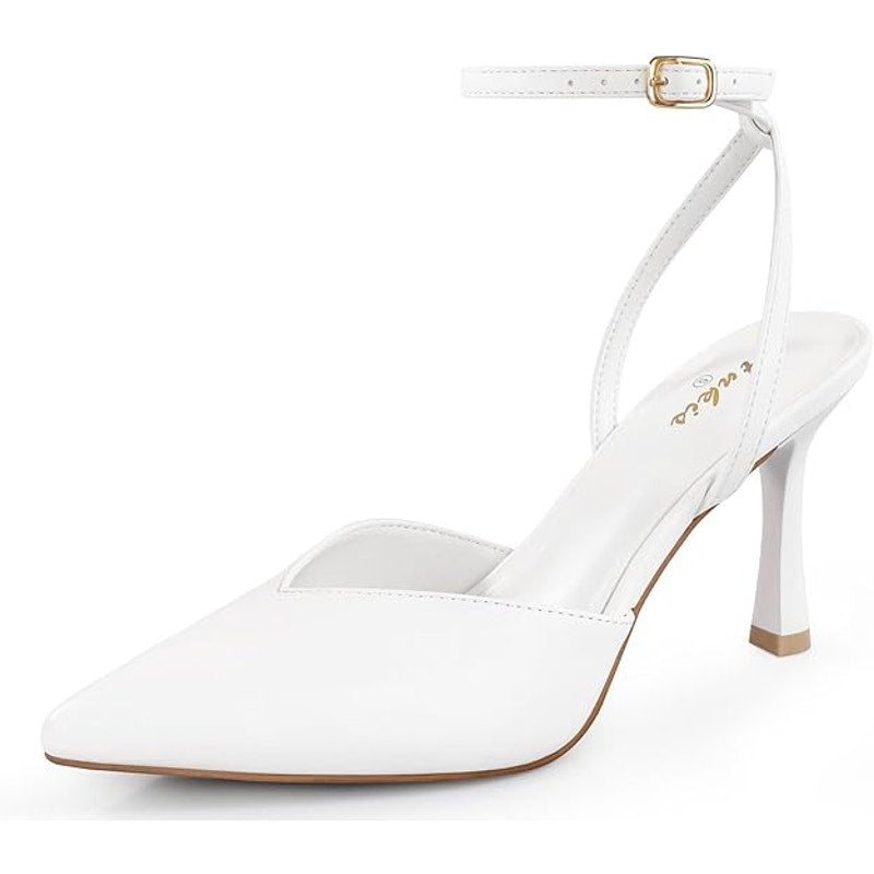 Ankis Womens Size 7.5 White 3.5" Heels Closed Pointed Toe Ankle Strap Shoes