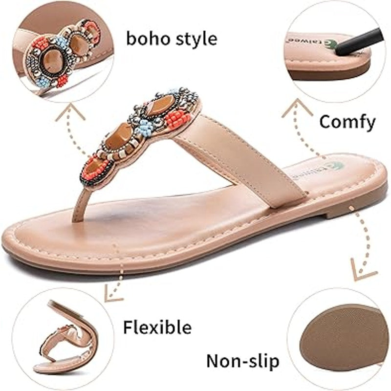 Ataiwee Womens Size 7.5 Brown Beaded Thong Flat Slide On Open Toe Sandals Shoes