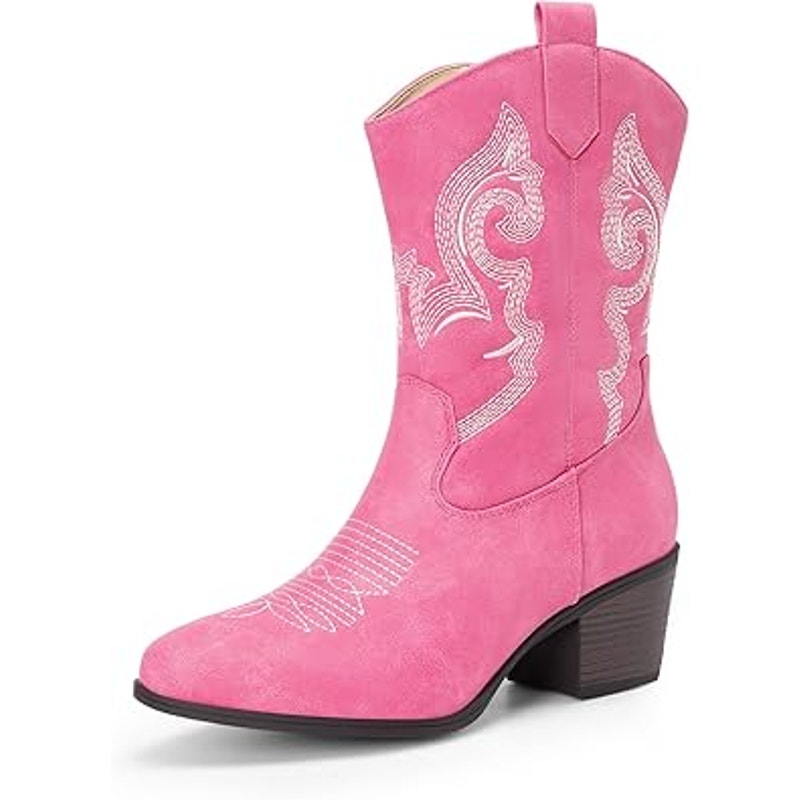 Dream Pairs Womens 8.5 Faux Pink Leather 2.25" Block Heel Mid Calf Cowboy Boots