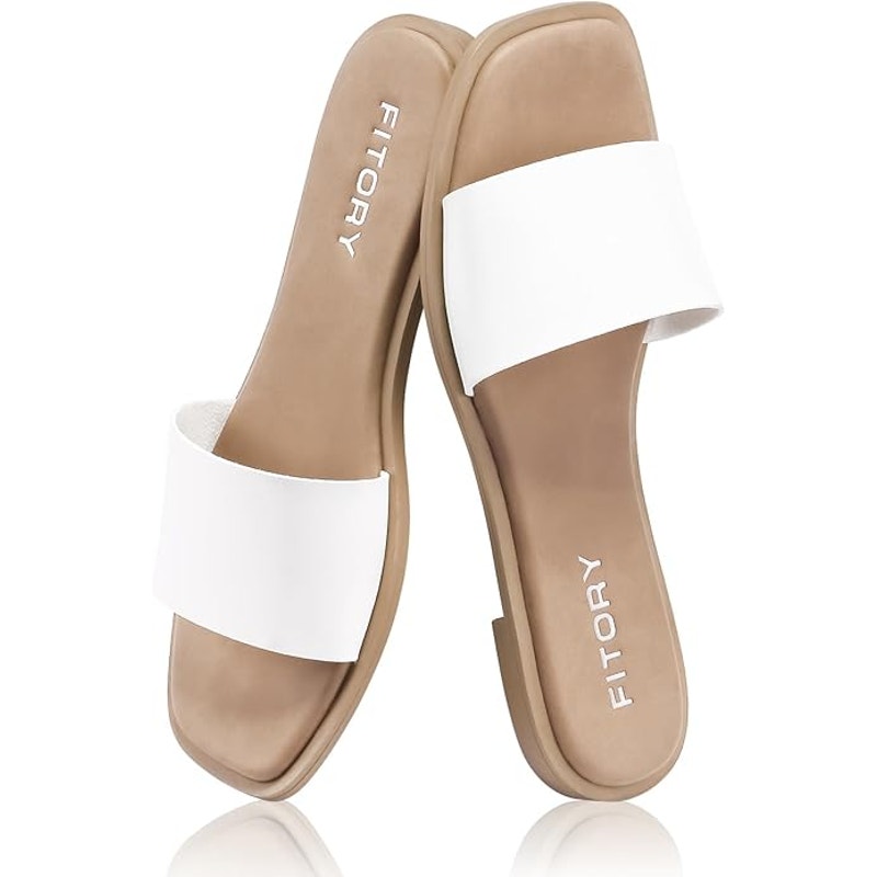 Fitory Womens Size 8 White Faux Leather Slide On Open Toe Flat Sandals Shoes