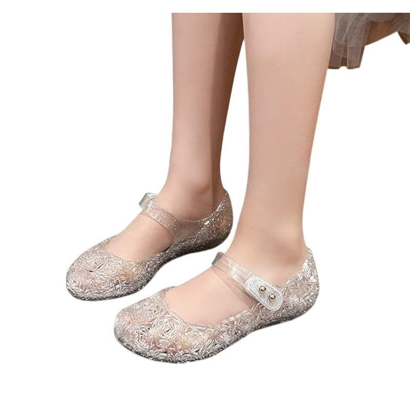 OMGard Little Girls Size 11 Clear Glitter Flats Floral Mary Jane Jelly Shoes