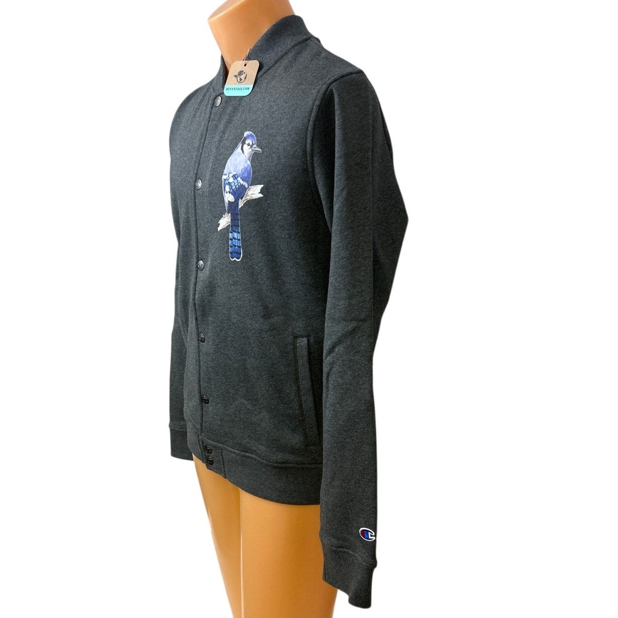 New Champion Mens Small Dark Gray Snap Up Hand Printed Blue Jay Bomber Jacket