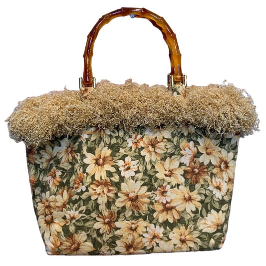 Handmade Yellow Daisy Green Floral Frilly Handbag One of A Kind Purse w Pockets