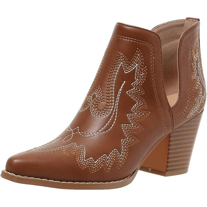 New Womens Size 5 Brown Foux Leather Embroidered 3" Block Heel Cowboy Boots