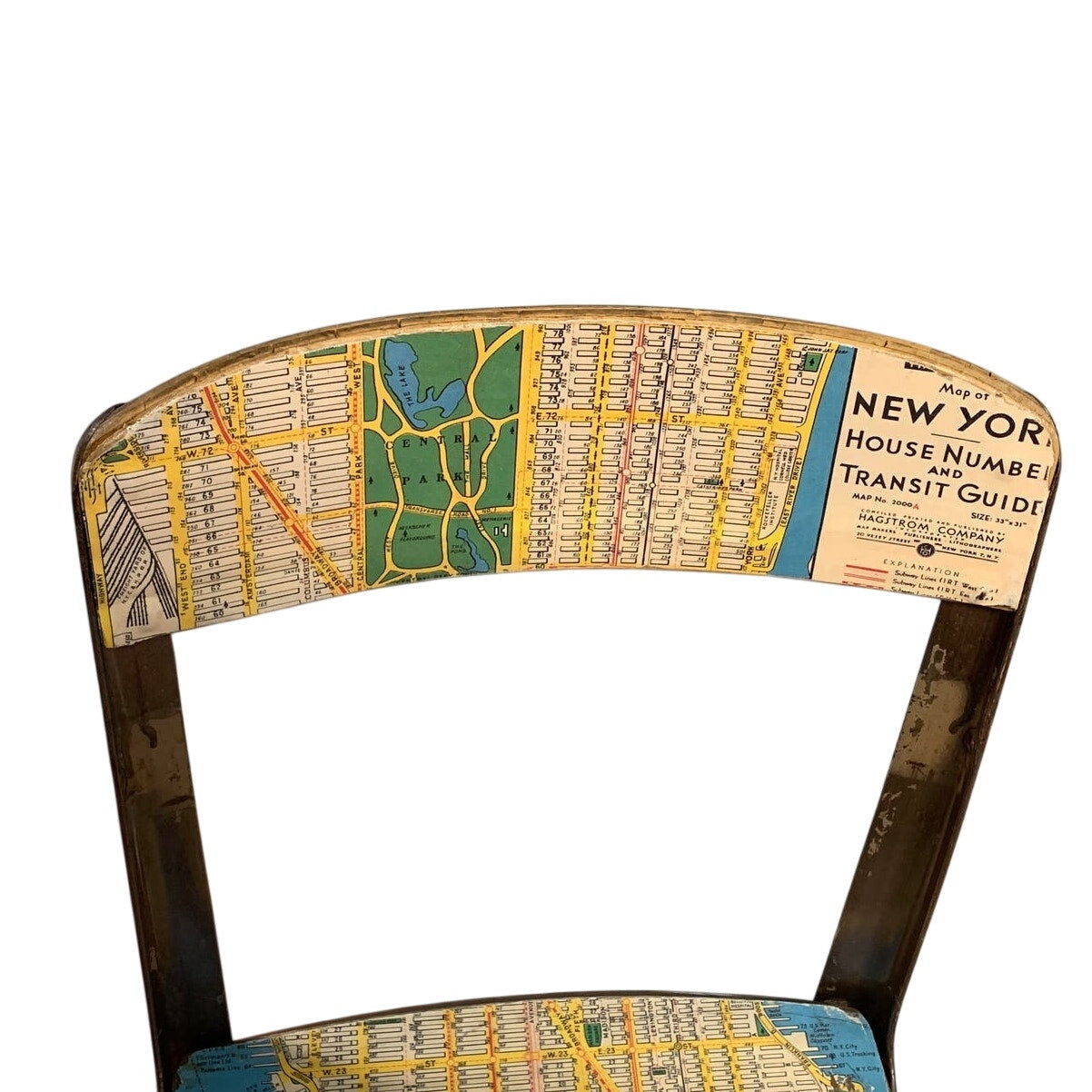 Vintage Small Metal & Wood Child Desk Chair Decoupaged w 1952 Manhattan Map