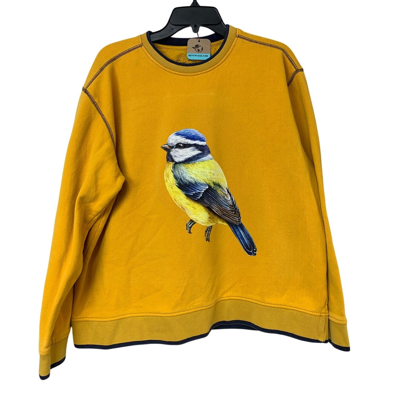 Upcycled Hand Printed Womens XL Yellow Blue Wild Bird Long Sleeve Sweatshirt