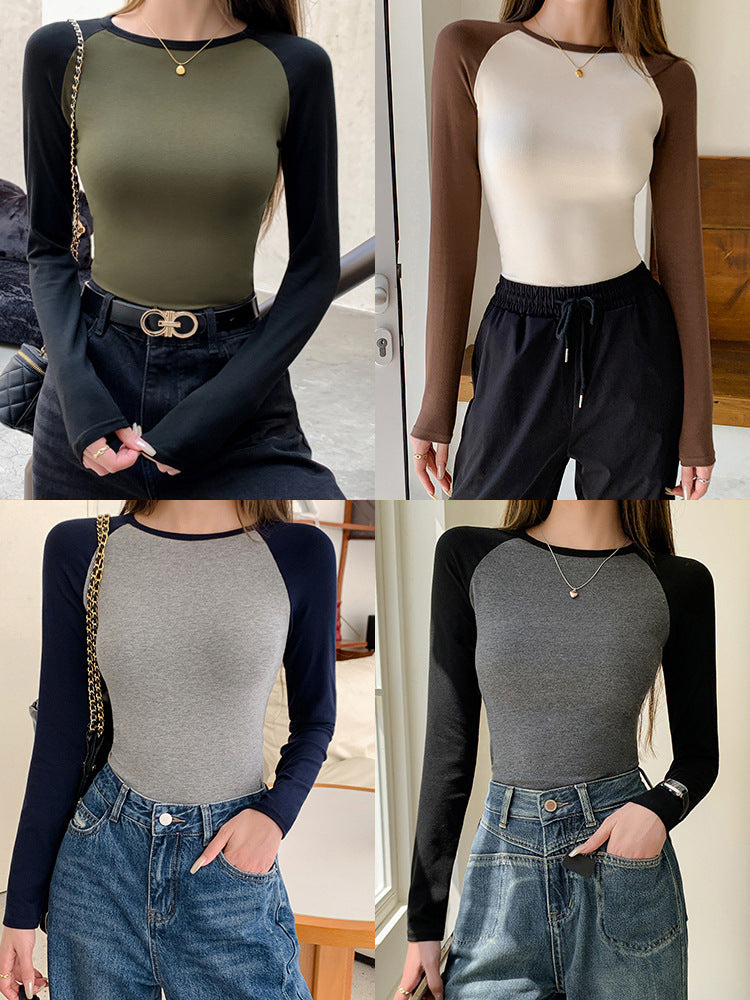 Four different views of a person wearing a long-sleeve raglan top with various color options.