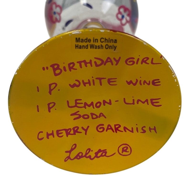 Lolita Birthday Girl Cocktail Recipe Bottom Painted Collectible Clear Wine Glass