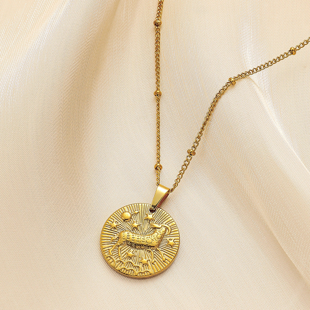 Stainless Steel Round Twelve Constellation Coin Relief Necklace