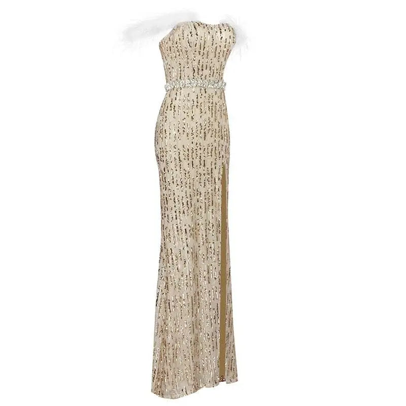 Feather Raglan Large Slit Sexy Sequin Evening Dress