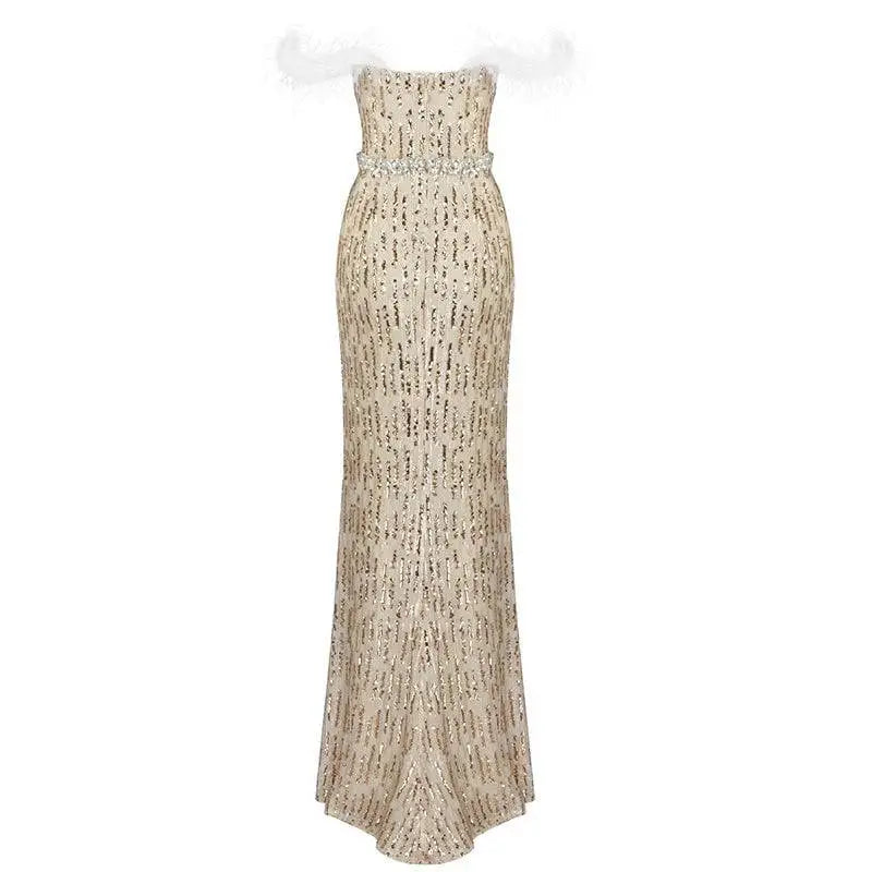 Feather Raglan Large Slit Sexy Sequin Evening Dress
