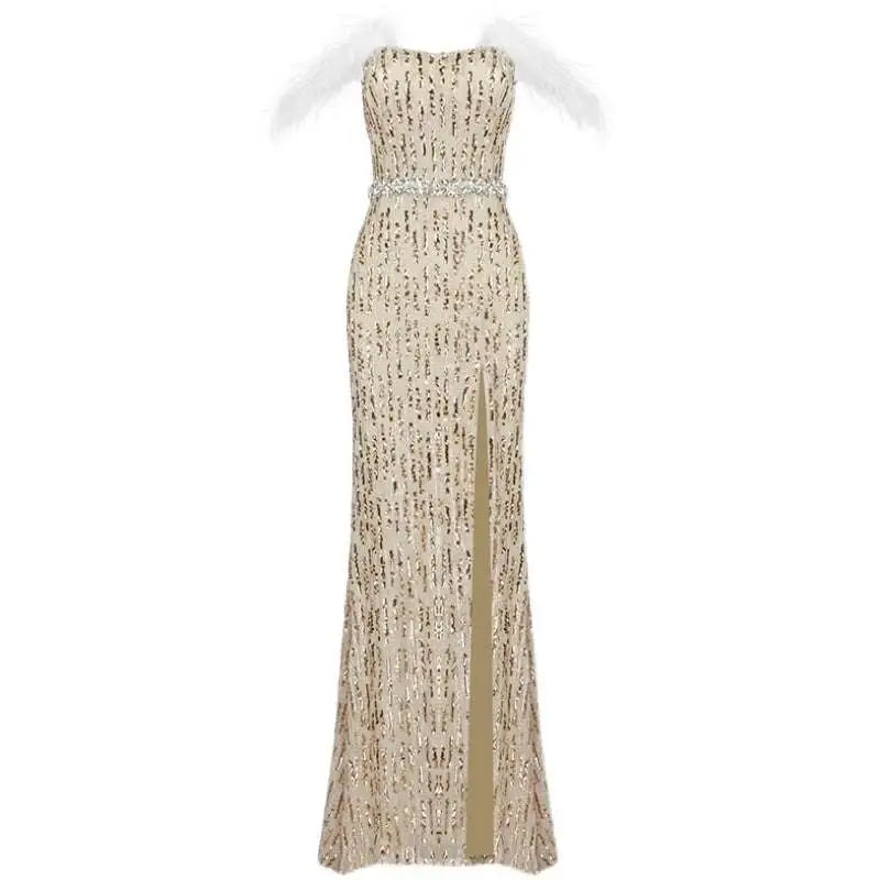 Feather Raglan Large Slit Sexy Sequin Evening Dress