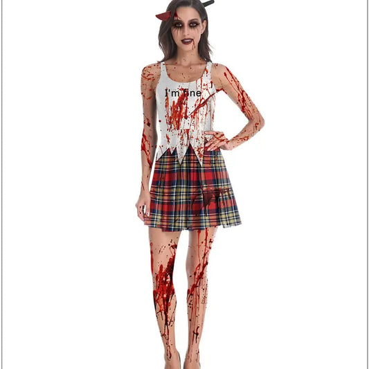 Person wearing a Halloween costume with blood effects and text on a white background