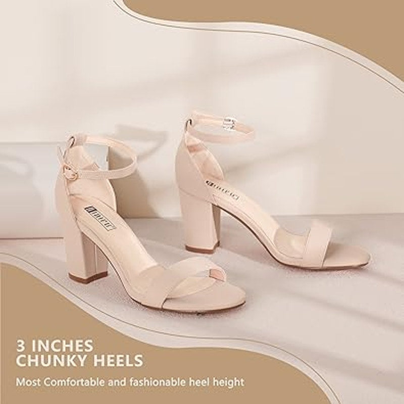 Idifu Womens Size 9 Tan Nude Open Toe 4" Block Heel Ankle Strap Sandal Shoes