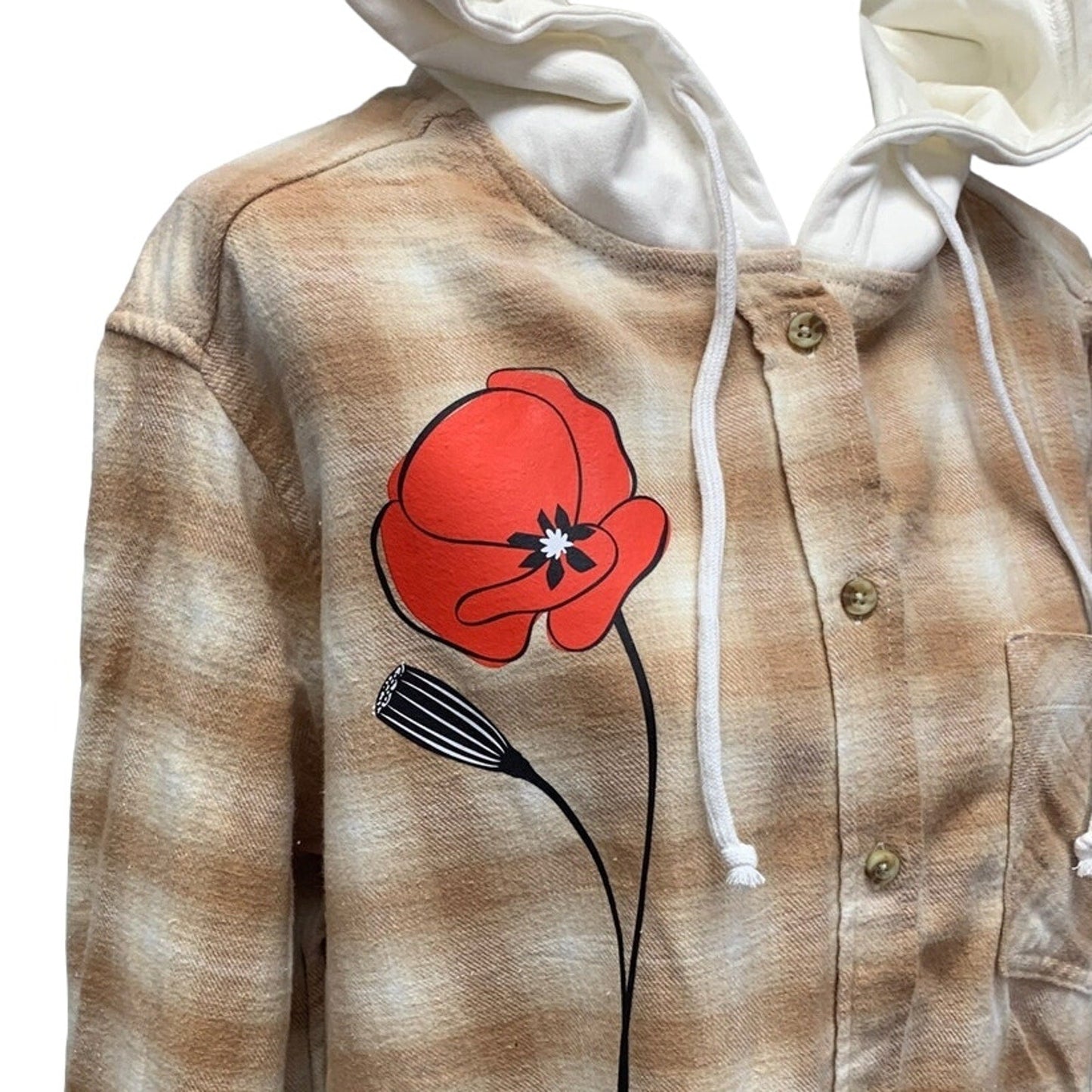 New Hand Printed Womens 3XL Red Poppy Flower Long Sleeve Plaid Flannel Hoodie