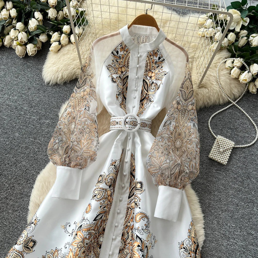 Vintage Lantern Sleeve Floral Dress – Summer Mandarin Collar Tie-Waist A-Line Maxi, Graceful Shift