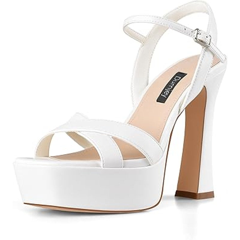 Dumjey Womens Size 7.5 White Open Toe 5" Block Heel Platform Sandal Shoes