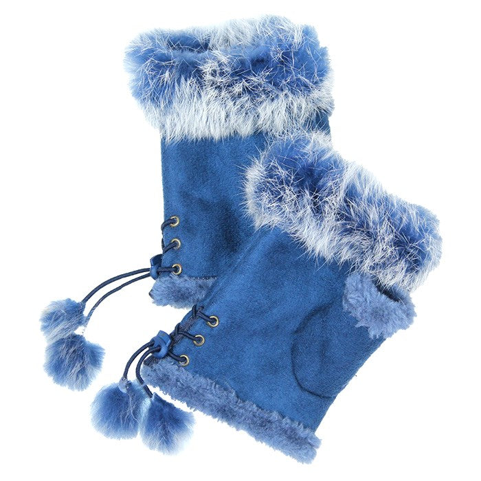 Fingerless Faux Fur Trim Faux Suede Gloves Drawstring