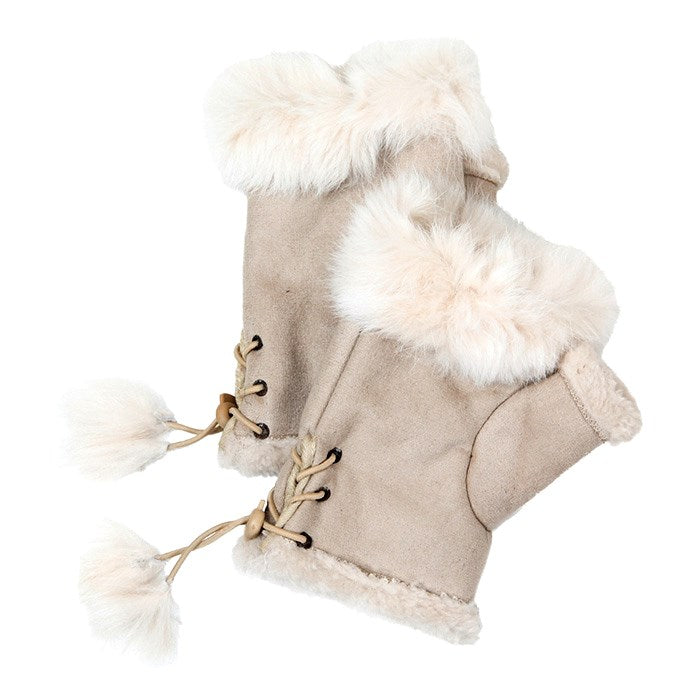 Fingerless Faux Fur Trim Faux Suede Gloves Drawstring