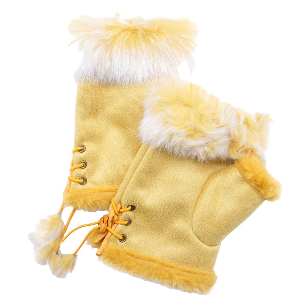 Fingerless Faux Fur Trim Faux Suede Gloves Drawstring