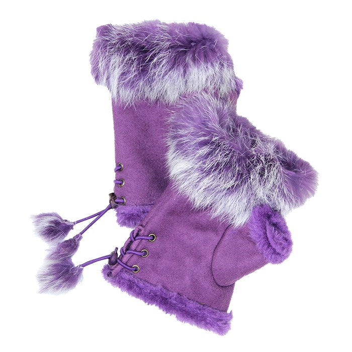 Fingerless Faux Fur Trim Faux Suede Gloves Drawstring