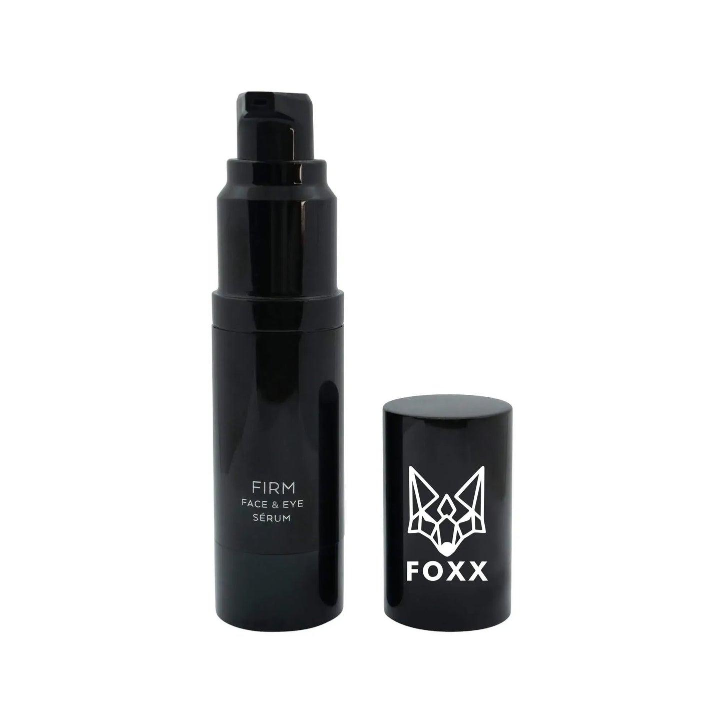Black pump bottle of FIRM Face & Eye Serum with removable FOXX branded cap on a white background. Firming Serum for Youthful Skin and Enhanced Elasticity Anti aging skincare.