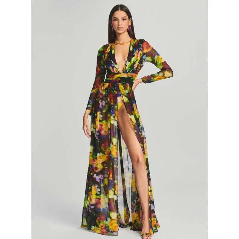 Floral V-neck Split Comfort Casual Dress