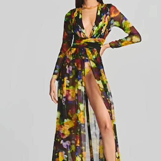 Floral V-neck Split Comfort Casual Dress