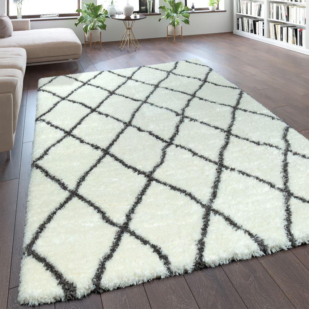 Fluffy Shag Rug Flokati Style Diamond Pattern Cream-0