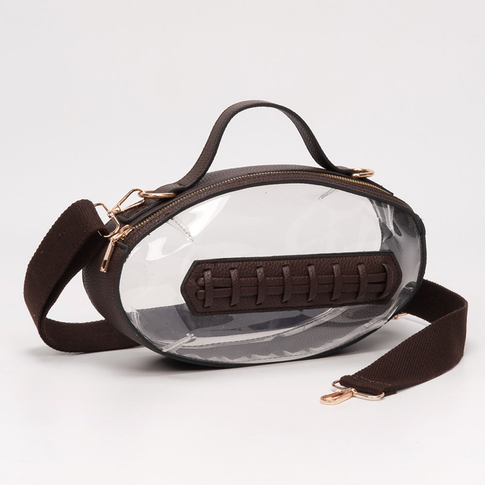 Clear waist bag with brown leather accents on a light gray background
