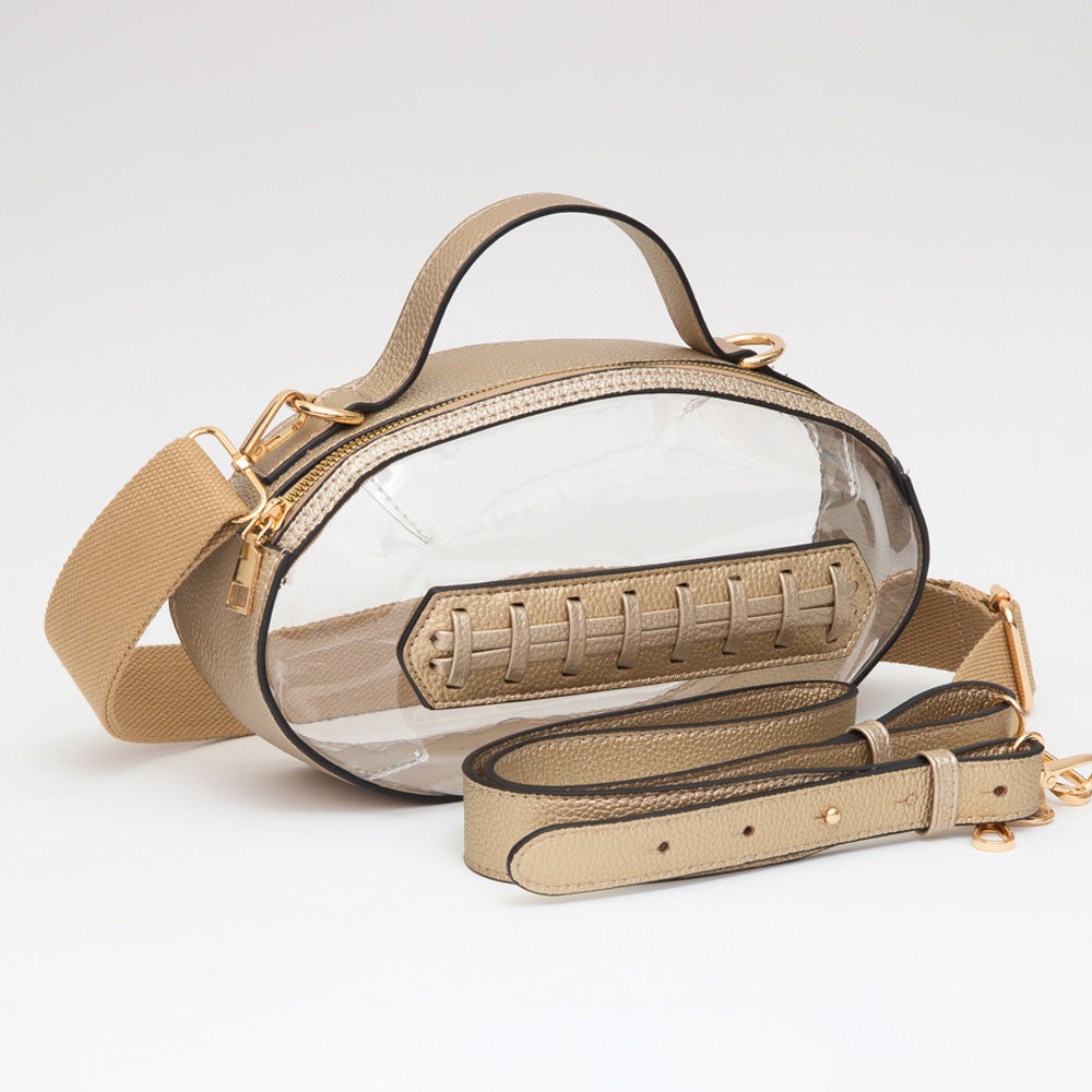Beige crossbody bag with clear section on a white background