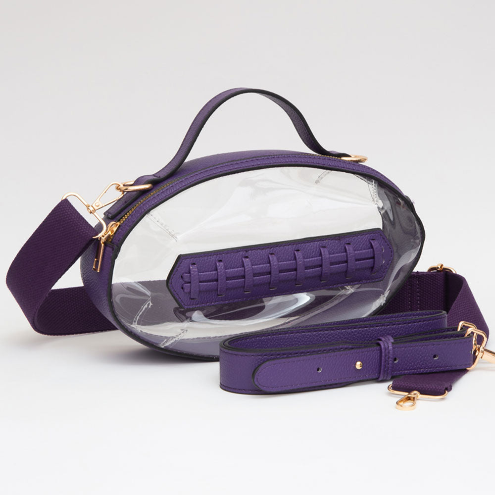 Purple transparent bag with gold accents on a light gray background
