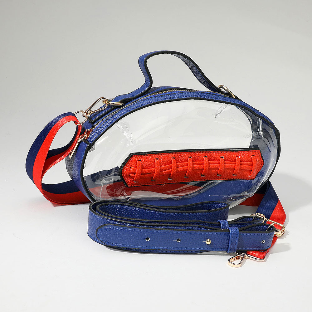 Clear handbag with blue and red accents on a light gray background