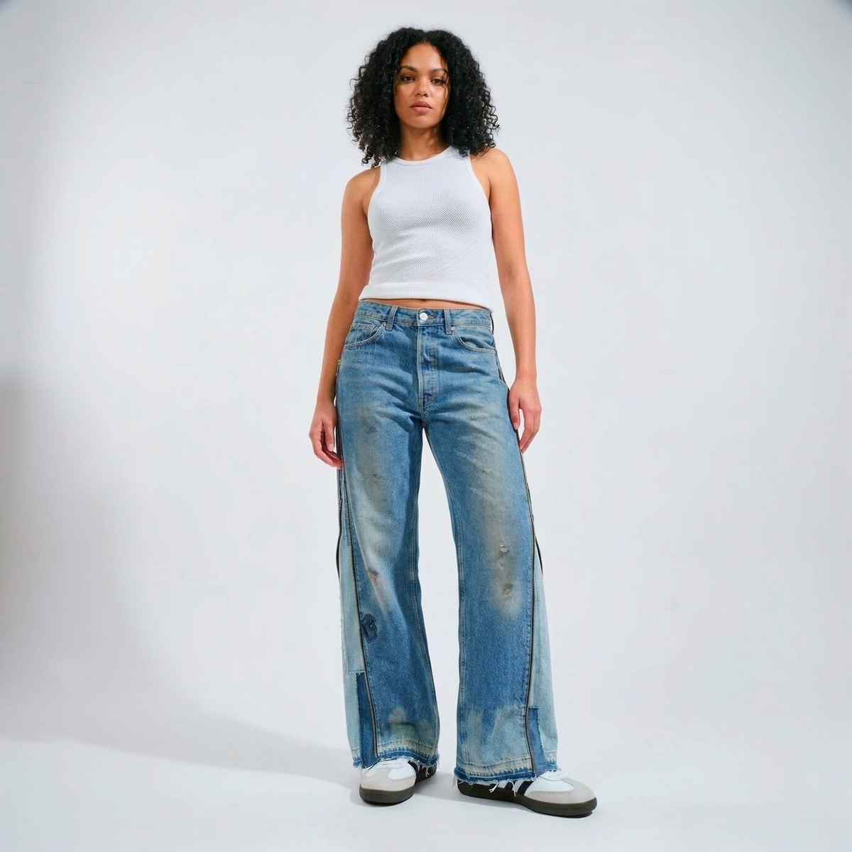 Vintage Reworked Denim Jeans with Full Leg Side Zip