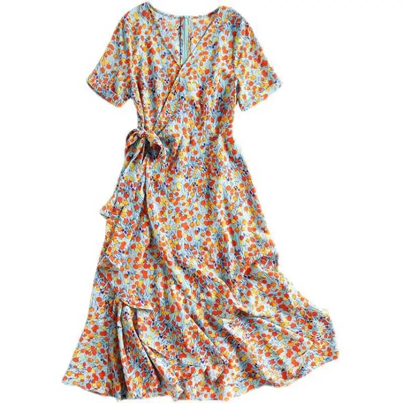 French Floral Slim Polka Dot Wrap Dress