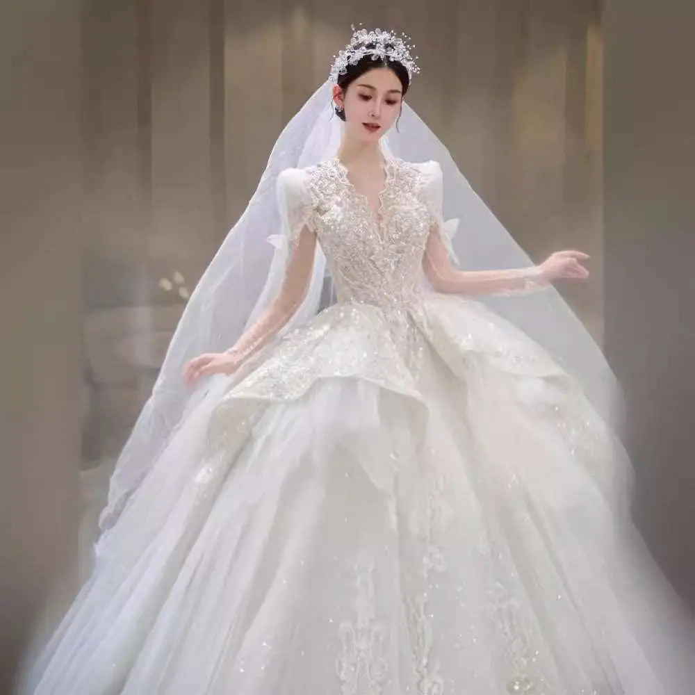 French Retro Bride Main Yarn Long Sleeve Wedding Gown