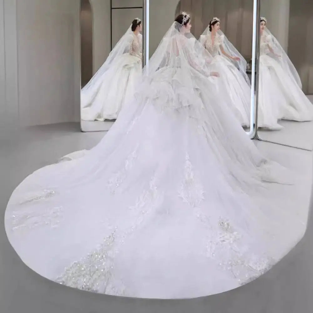 French Retro Bride Main Yarn Long Sleeve Wedding Gown