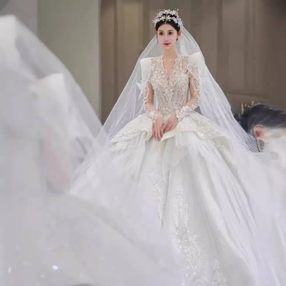 French Retro Bride Main Yarn Long Sleeve Wedding Gown