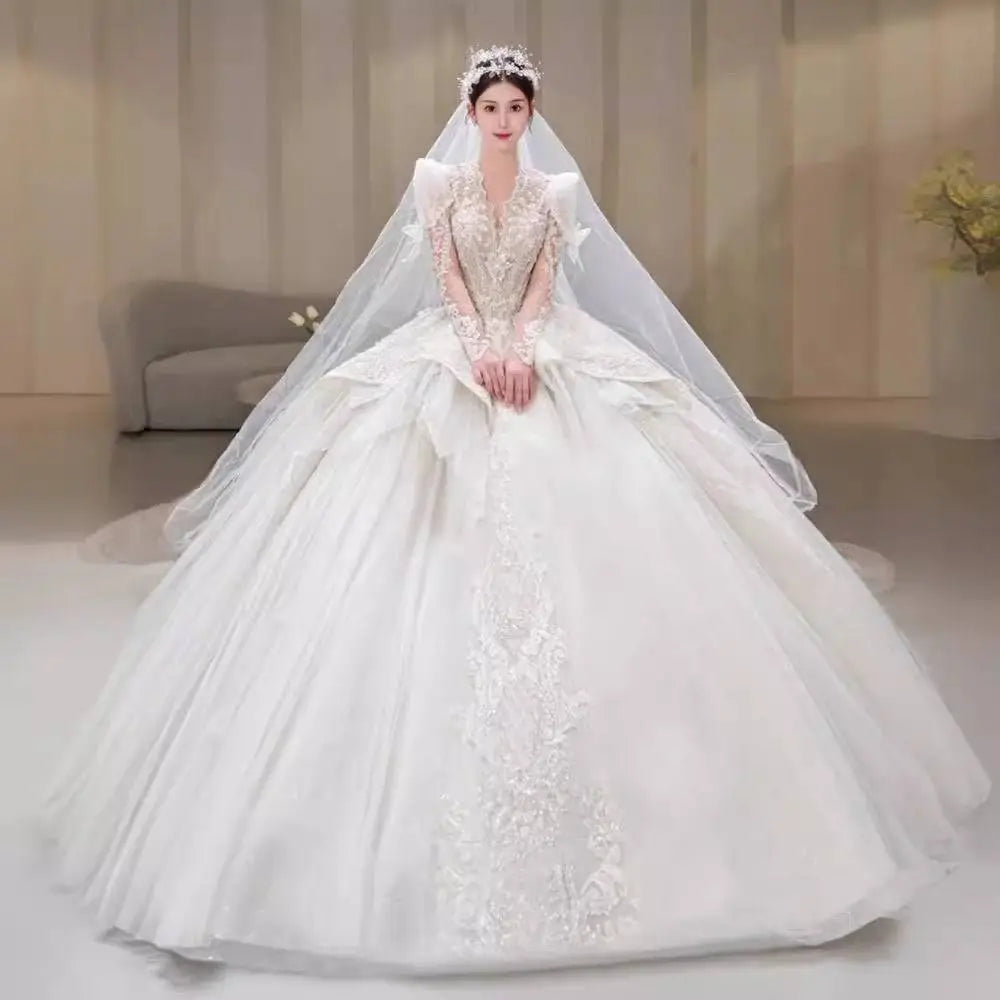 French Retro Bride Main Yarn Long Sleeve Wedding Gown