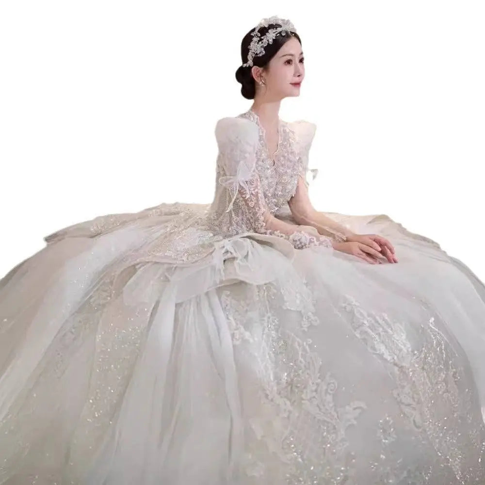 French Retro Bride Main Yarn Long Sleeve Wedding Gown