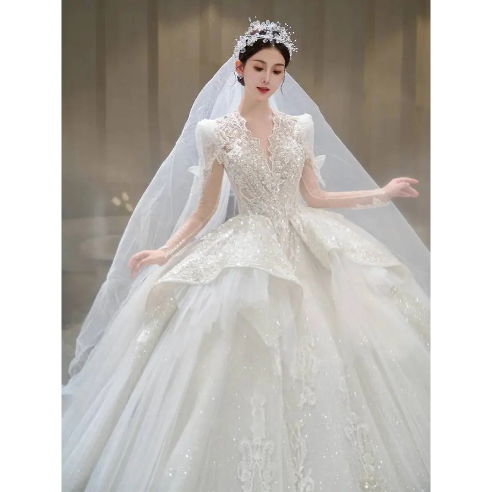 French Retro Bride Main Yarn Long Sleeve Wedding Gown