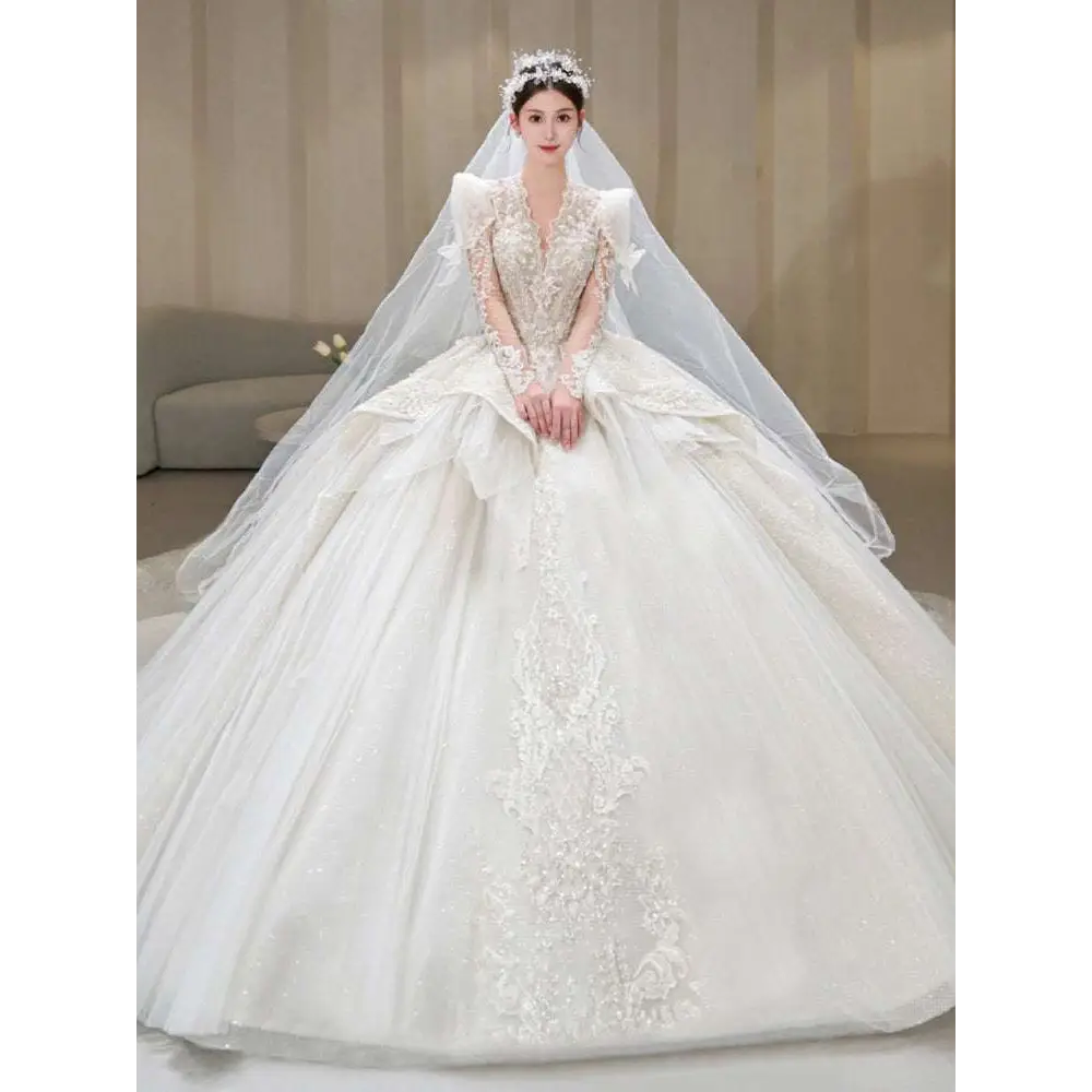 French Retro Bride Main Yarn Long Sleeve Wedding Gown