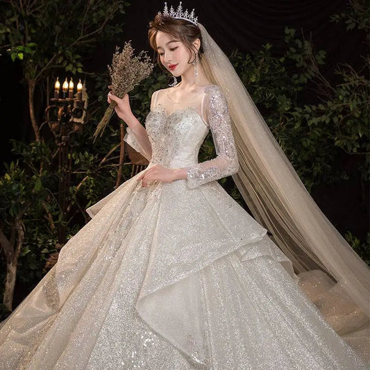 French Temperament Dream Long Sleeved Wedding Evening Dress