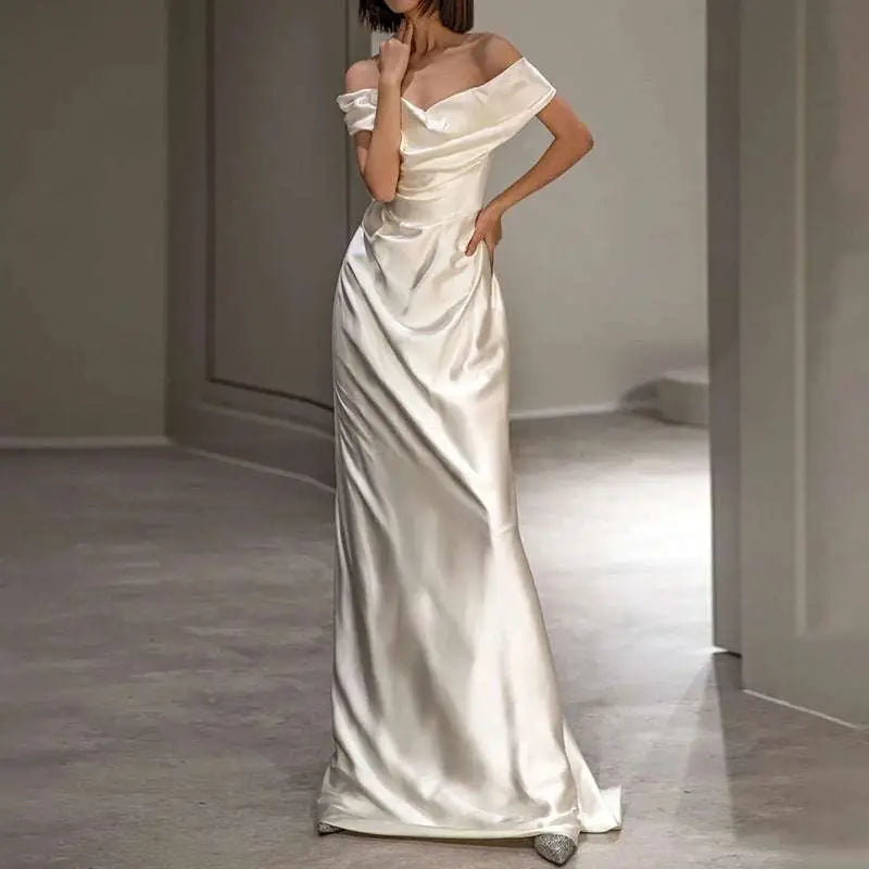 French White Off-shoulder Satin Wedding Dress