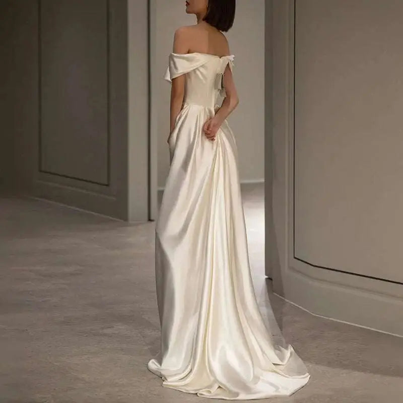French White Off-shoulder Satin Wedding Dress