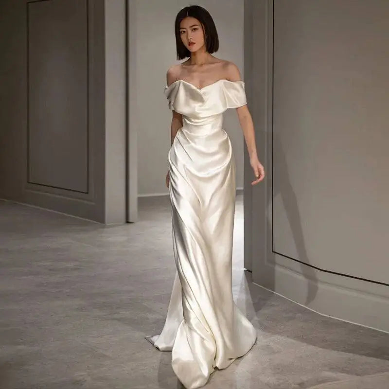 French White Off-shoulder Satin Wedding Dress