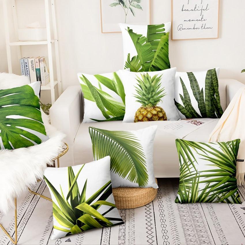 Fresh Green Leaves Digital Printed Pillowcase Home Pillow Decoration Tropical Green Leaves Throw Pillow Cover With Geometric Background Home Decorative Square Cushion Covers Cotton Linen Home Decor 45x45CM