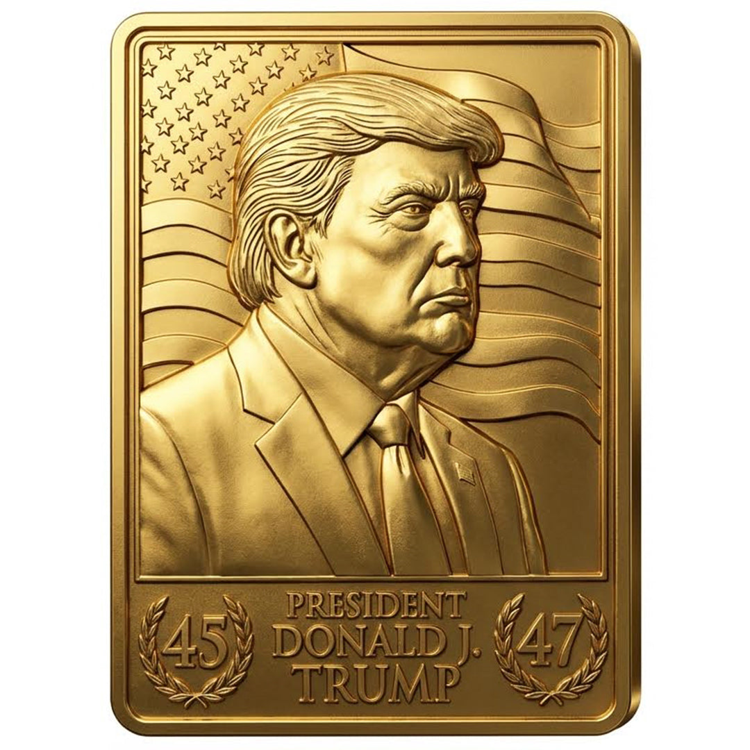 Gold plaque with a portrait of President Donald J. Trump and the number 45